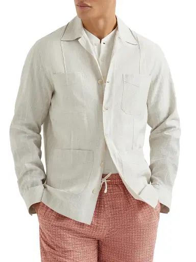 Brunello Cucinelli Men's Cotton and Linen Jacquard Stripe Easy Fit Guayabera Shirt | Thumbnail 2