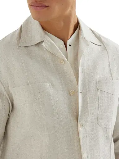 Brunello Cucinelli Men's Cotton and Linen Jacquard Stripe Easy Fit Guayabera Shirt | Thumbnail 4