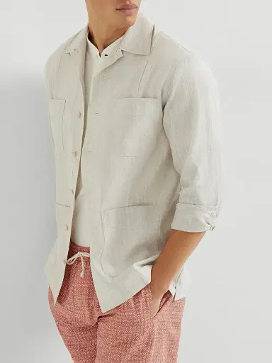 Brunello Cucinelli Men's Cotton and Linen Jacquard Stripe Easy Fit Guayabera Shirt | Thumbnail 5