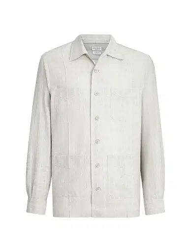 Brunello Cucinelli Men's Cotton and Linen Jacquard Stripe Easy Fit Guayabera Shirt | Thumbnail 1