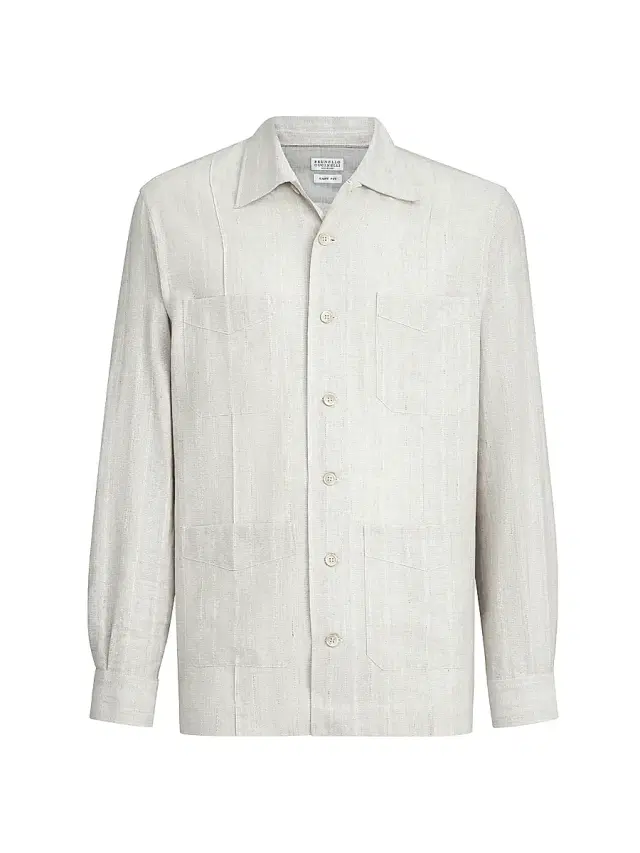 Men's Cotton and Linen Jacquard Stripe Easy Fit Guayabera Shirt - Rope