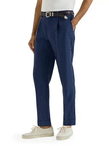 Brunello Cucinelli Men's Wool and Mohair Pinstripe Fresco Pleated Trousers - Blue - Size 38 | Thumbnail 2