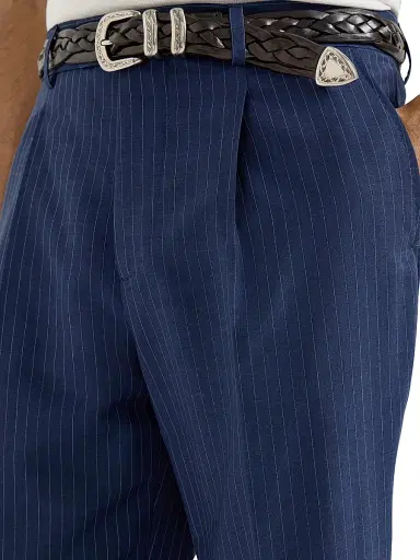 Brunello Cucinelli Men's Wool and Mohair Pinstripe Fresco Pleated Trousers - Blue - Size 38 | Thumbnail 4