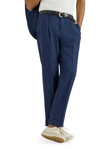 Brunello Cucinelli Men's Wool and Mohair Pinstripe Fresco Pleated Trousers - Blue - Size 38 | Thumbnail 5