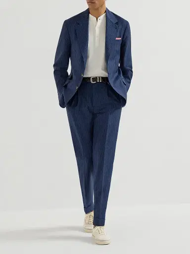 Brunello Cucinelli Men's Wool and Mohair Pinstripe Fresco Pleated Trousers - Blue - Size 38 | Thumbnail 6
