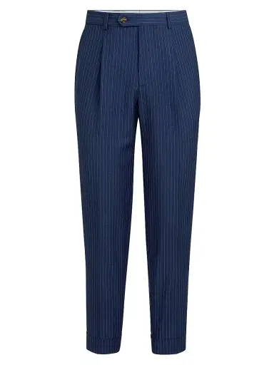 Brunello Cucinelli Men's Wool and Mohair Pinstripe Fresco Pleated Trousers - Blue - Size 38 | Thumbnail 1