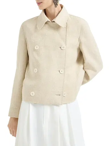 Brunello Cucinelli Women's Slubbed Linen, Silk and Hemp Cropped Pea Coat with Monili - Beige - Size 14 | Thumbnail 2 Brunello Cucinelli Women's Slubbed Linen, Silk and Hemp Cropped Pea Coat with Monili - Beige - Size 14 | Thumbnail 2