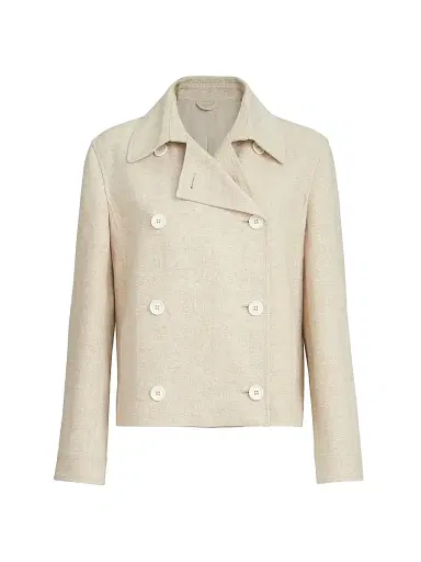 Brunello Cucinelli Women's Slubbed Linen, Silk and Hemp Cropped Pea Coat with Monili - Beige - Size 14 | Thumbnail 1 Brunello Cucinelli Women's Slubbed Linen, Silk and Hemp Cropped Pea Coat with Monili - Beige - Size 14 | Thumbnail 1