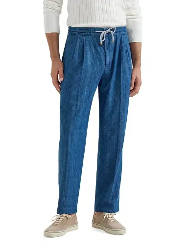 Brunello Cucinelli Men's Lightweight Denim Trousers with Drawstring and Double Pleats - Medium Denim - Size 56 | Thumbnail 2