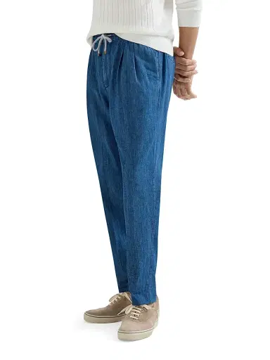 Brunello Cucinelli Men's Lightweight Denim Trousers with Drawstring and Double Pleats - Medium Denim - Size 56 | Thumbnail 3