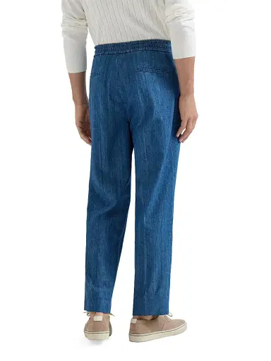 Brunello Cucinelli Men's Lightweight Denim Trousers with Drawstring and Double Pleats - Medium Denim - Size 56 | Thumbnail 4