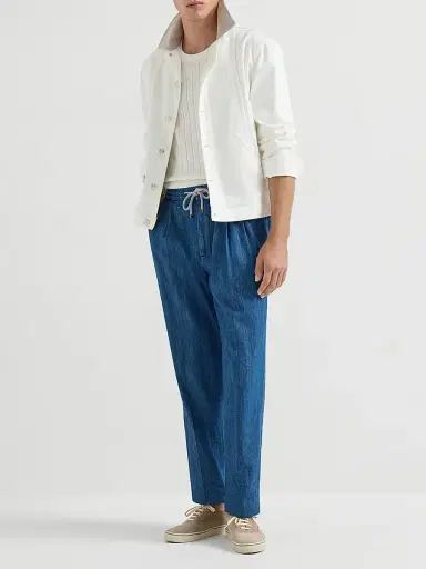 Brunello Cucinelli Men's Lightweight Denim Trousers with Drawstring and Double Pleats - Medium Denim - Size 56 | Thumbnail 6