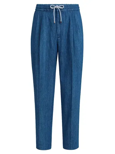 Brunello Cucinelli Men's Lightweight Denim Trousers with Drawstring and Double Pleats - Medium Denim - Size 56 | Thumbnail 1