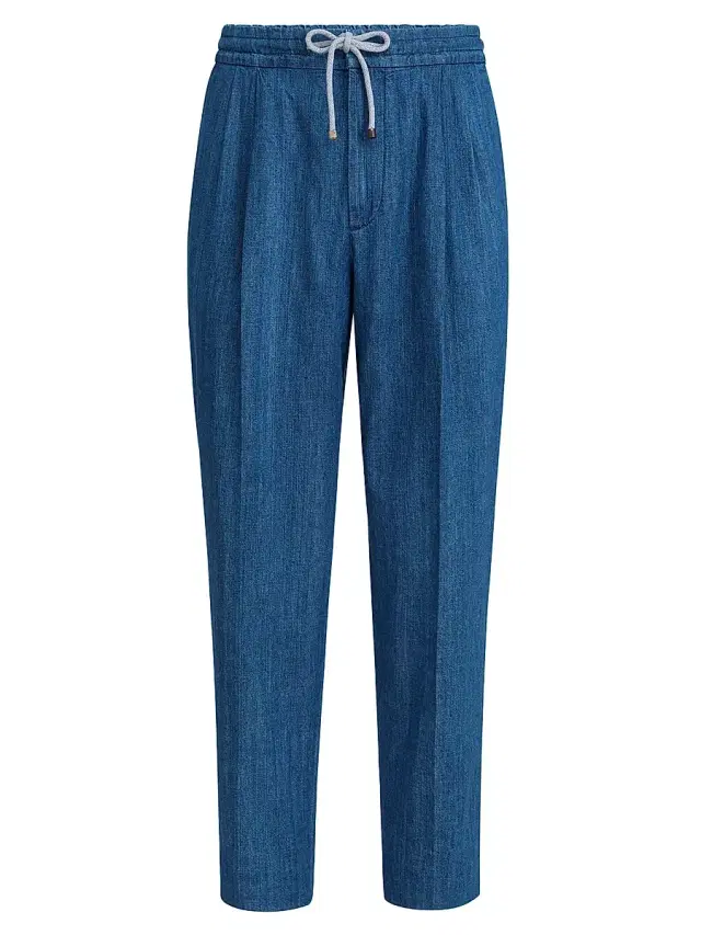 Brunello Cucinelli Men's Lightweight Denim Trousers with Drawstring and Double Pleats - Medium Denim