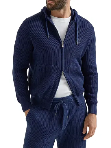 Brunello Cucinelli Men's Cotton English Rib Knit Hooded Sweatshirt with Logo and Zipper - Azure - Size XL | Thumbnail 2