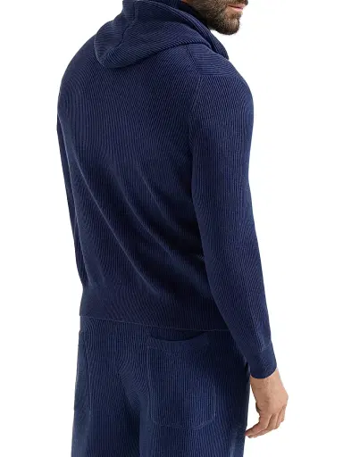 Brunello Cucinelli Men's Cotton English Rib Knit Hooded Sweatshirt with Logo and Zipper - Azure - Size XL | Thumbnail 3