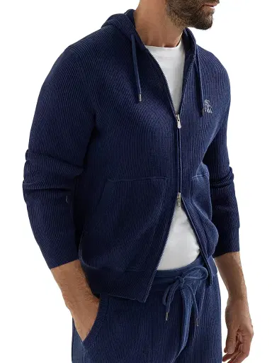 Brunello Cucinelli Men's Cotton English Rib Knit Hooded Sweatshirt with Logo and Zipper - Azure - Size XL | Thumbnail 4