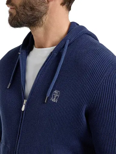 Brunello Cucinelli Men's Cotton English Rib Knit Hooded Sweatshirt with Logo and Zipper - Azure - Size XL | Thumbnail 5