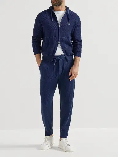 Brunello Cucinelli Men's Cotton English Rib Knit Hooded Sweatshirt with Logo and Zipper - Azure - Size XL | Thumbnail 6