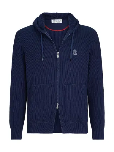 Brunello Cucinelli Men's Cotton English Rib Knit Hooded Sweatshirt with Logo and Zipper - Azure - Size XL | Thumbnail 1