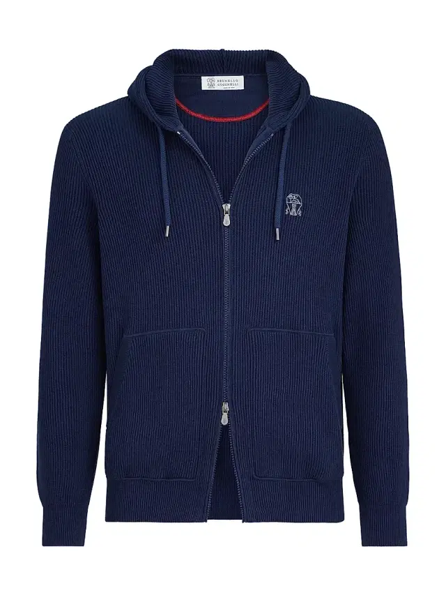 Brunello Cucinelli Men's Cotton English Rib Knit Hooded Sweatshirt with Logo and Zipper - Azure