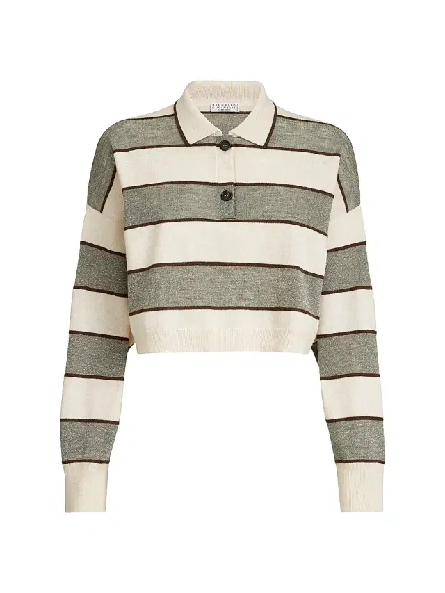 Women's Virgin Wool, Cashmere and Linen Cropped Knit Polo - Sage