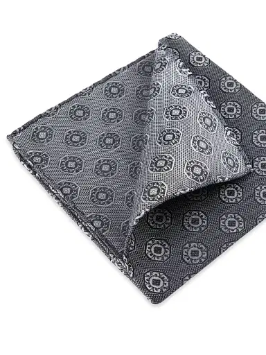 Brunello Cucinelli Men's Silk Pocket Square with Medallion Design - Anthracite | Thumbnail 3 Brunello Cucinelli Men's Silk Pocket Square with Medallion Design - Anthracite | Thumbnail 3