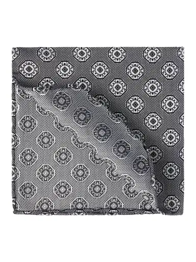 Brunello Cucinelli Men's Silk Pocket Square with Medallion Design - Anthracite | Thumbnail 1 Brunello Cucinelli Men's Silk Pocket Square with Medallion Design - Anthracite | Thumbnail 1