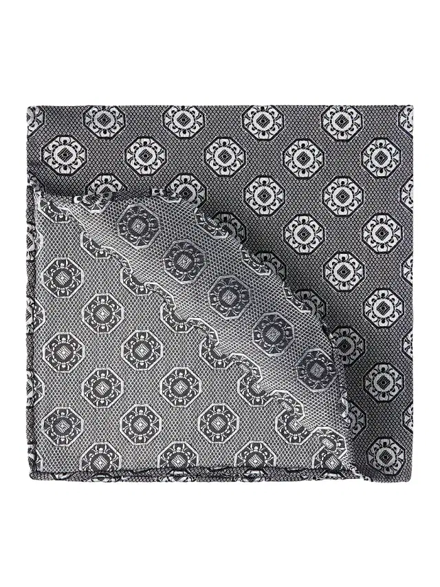 Men's Silk Pocket Square with Medallion Design - Anthracite