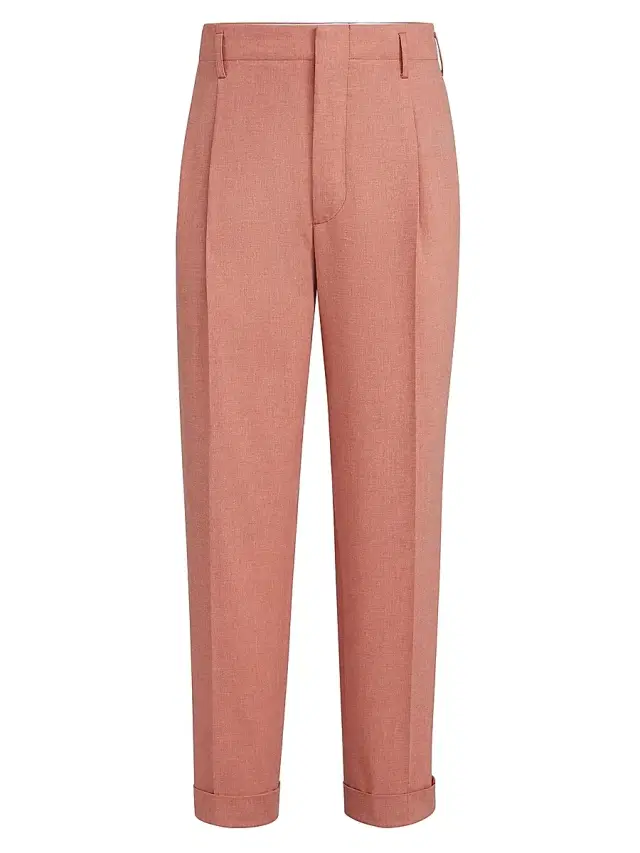 Men's Virgin Wool, Cotton and Silk Mouliné Trousers - Apricot