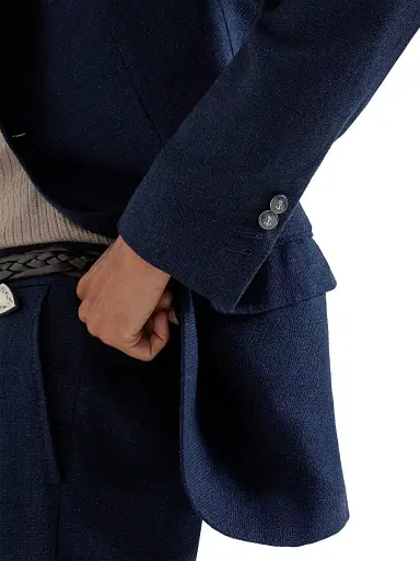 Brunello Cucinelli Men's Silk, Linen and Wool Hopsack Deconstructed Blazer with Metal Buttons - Navy Blue - Size 44 | Thumbnail 4