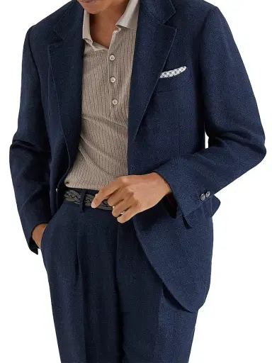 Brunello Cucinelli Men's Silk, Linen and Wool Hopsack Deconstructed Blazer with Metal Buttons - Navy Blue - Size 44 | Thumbnail 5