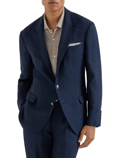 Brunello Cucinelli Men's Silk, Linen and Wool Hopsack Deconstructed Blazer with Metal Buttons - Navy Blue - Size 44 | Thumbnail 1