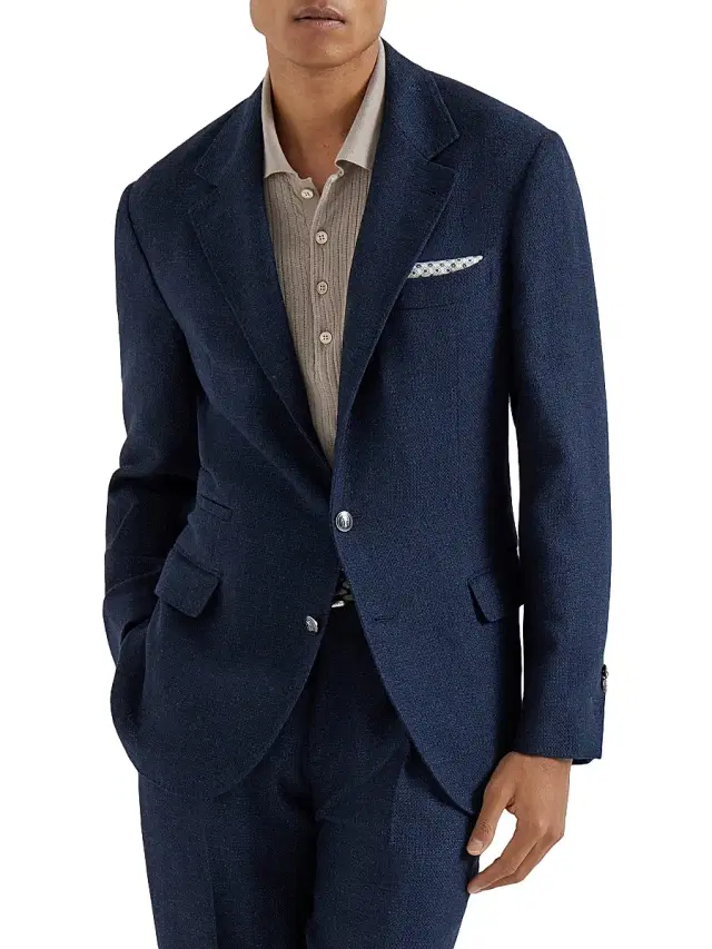 Brunello Cucinelli Men's Silk, Linen and Wool Hopsack Deconstructed Blazer with Metal Buttons - Navy Blue