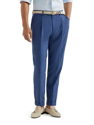 Brunello Cucinelli Men's Virgin Wool Fresco Trousers with Pleats - Royale Blue - Size 46 | Thumbnail 2