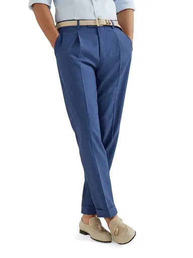 Brunello Cucinelli Men's Virgin Wool Fresco Trousers with Pleats - Royale Blue - Size 46 | Thumbnail 5