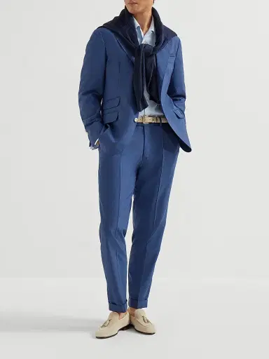 Brunello Cucinelli Men's Virgin Wool Fresco Trousers with Pleats - Royale Blue - Size 46 | Thumbnail 6