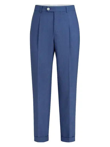 Brunello Cucinelli Men's Virgin Wool Fresco Trousers with Pleats - Royale Blue - Size 46 | Thumbnail 1