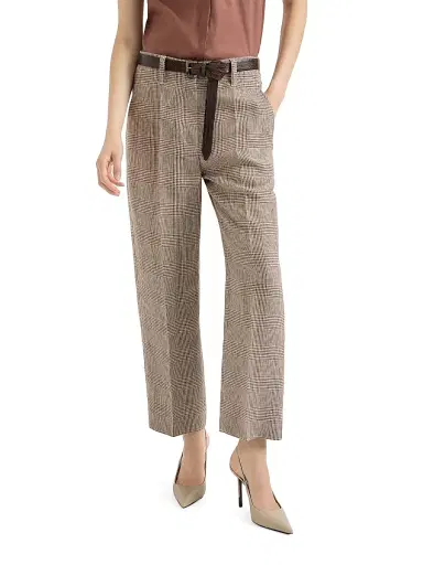 Brunello Cucinelli Women's Linen Prince of Wales Square Cigarette Trousers with Monili - Light Brown - Size 14 | Thumbnail 2