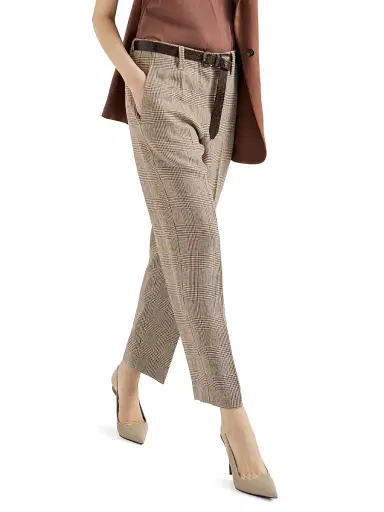 Brunello Cucinelli Women's Linen Prince of Wales Square Cigarette Trousers with Monili - Light Brown - Size 14 | Thumbnail 3
