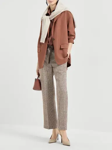 Brunello Cucinelli Women's Linen Prince of Wales Square Cigarette Trousers with Monili - Light Brown - Size 14 | Thumbnail 6