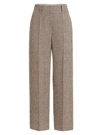 Brunello Cucinelli Women's Linen Prince of Wales Square Cigarette Trousers with Monili - Light Brown - Size 14 | Thumbnail 1