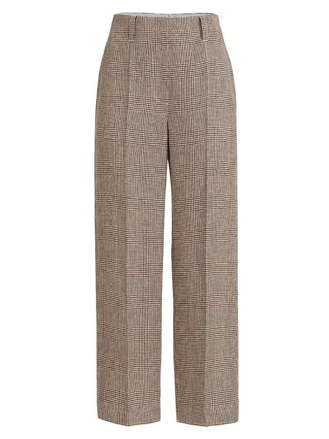 Women's Linen Prince of Wales Square Cigarette Trousers with Monili - Light Brown
