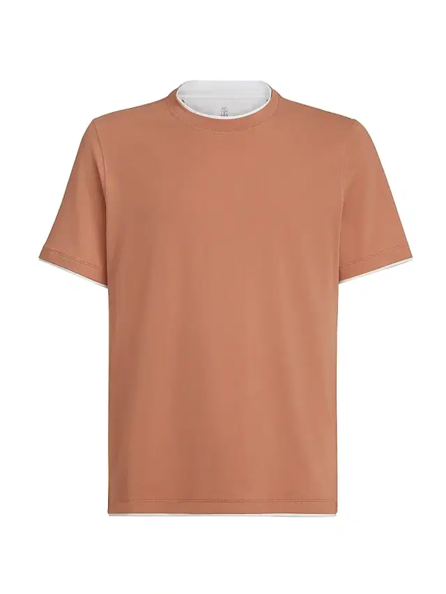 Brunello Cucinelli Men's Cotton Jersey Crew-Neck T-Shirt with Faux Layering - Apricot
