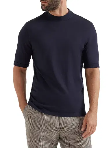 Brunello Cucinelli Men's Cotton Jersey Mock-Neck T-Shirt - Navy Blue - Size XXS | Thumbnail 2