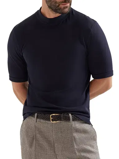 Brunello Cucinelli Men's Cotton Jersey Mock-Neck T-Shirt - Navy Blue - Size XXS | Thumbnail 4