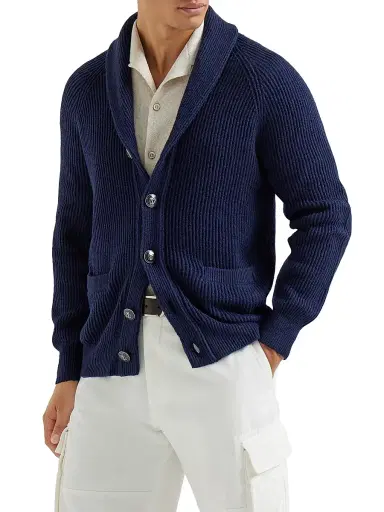 Brunello Cucinelli Men's Malfilé Cotton English Rib Cardigan with Raglan Sleeves - Navy Blue | Thumbnail 2