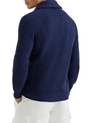 Brunello Cucinelli Men's Malfilé Cotton English Rib Cardigan with Raglan Sleeves - Navy Blue | Thumbnail 3