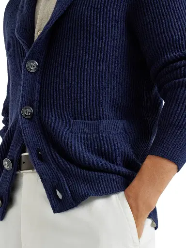 Brunello Cucinelli Men's Malfilé Cotton English Rib Cardigan with Raglan Sleeves - Navy Blue | Thumbnail 4