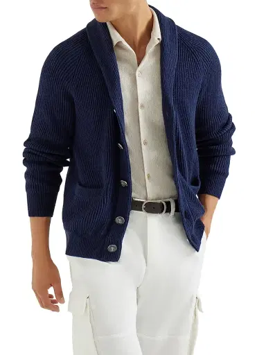 Brunello Cucinelli Men's Malfilé Cotton English Rib Cardigan with Raglan Sleeves - Navy Blue | Thumbnail 5